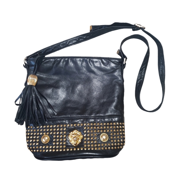 VINTAGE 80's Black Genuine Leather Gold Studded Lion Bucket Crossbody Bag Purse - Picture 3 of 7